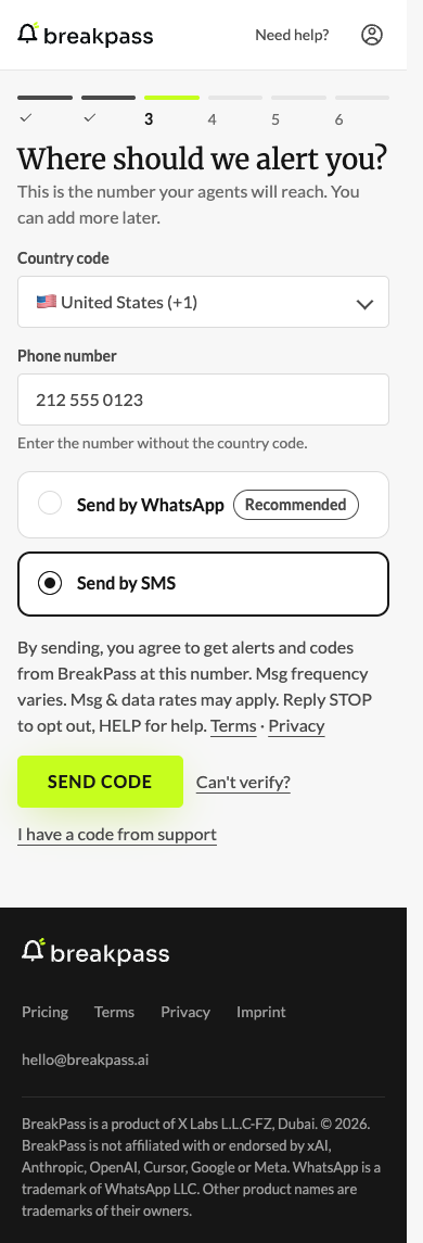 BreakPass screen 'Where should we alert you?' for a US number: country code United States (+1), phone number 212 555 0123, 'Send by SMS' selected, the consent text 'By sending, you agree to get alerts and codes from BreakPass at this number. Msg frequency varies. Msg & data rates may apply. Reply STOP to opt out, HELP for help.', the links 'Terms' and 'Privacy' after it, and the Send code button.